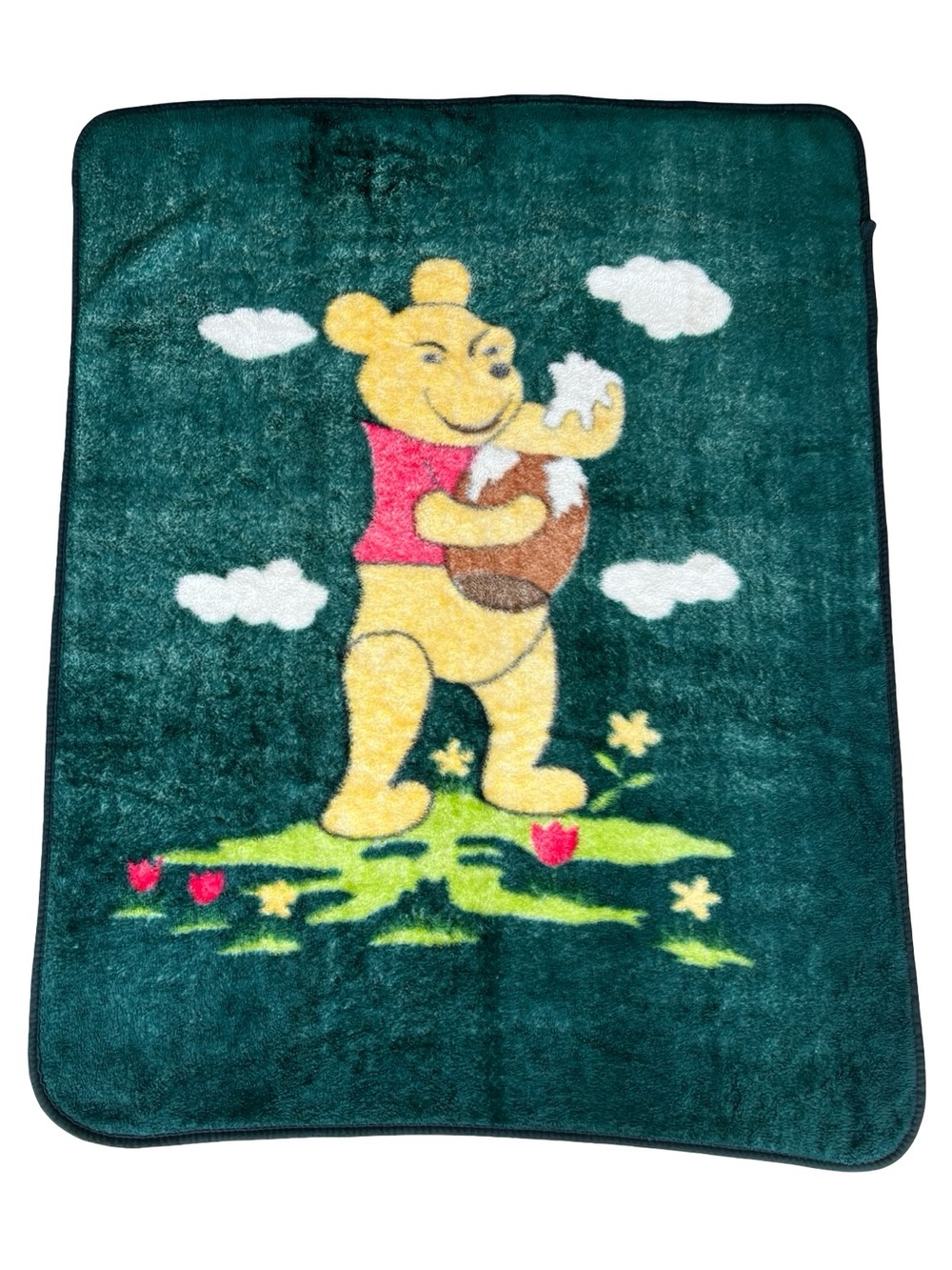 VTG Rare Winnie the Pooh Minky Honey Pot Clouds Flowers Green Blanket 53x42” - Picture 2 of 7